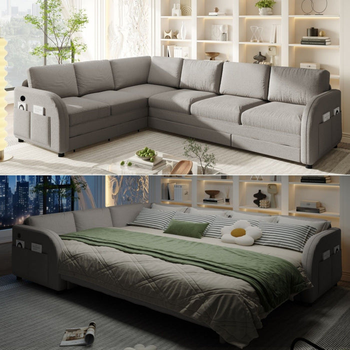 L-Shaped Couch With Pull-Out Bed, Convertible Sleeper Sofa With Side Pocket & USB Port