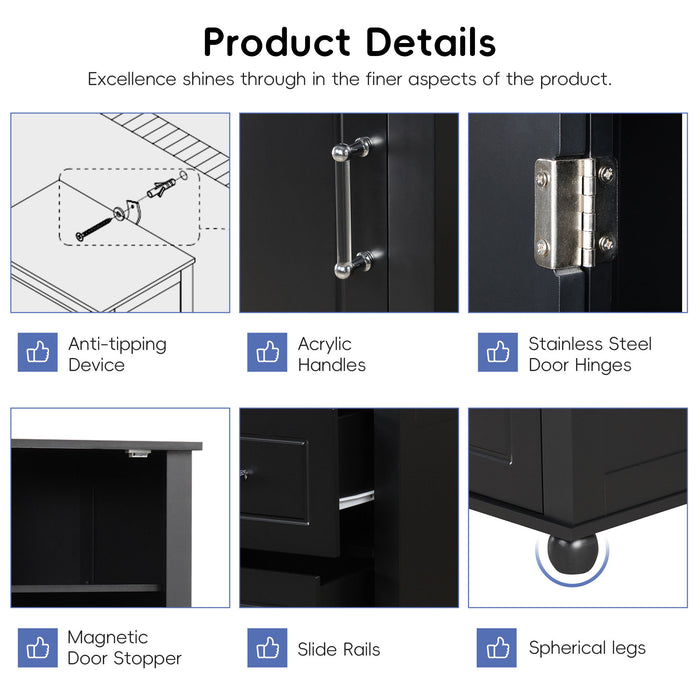 Tall Freestanding Bathroom Storage Cabinet With 2 Drawers And Adjustable Shelf