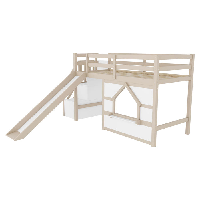 Loft Bed With Storage Stairs, Slide, Playhouse Window And 7 Colors LED Lights