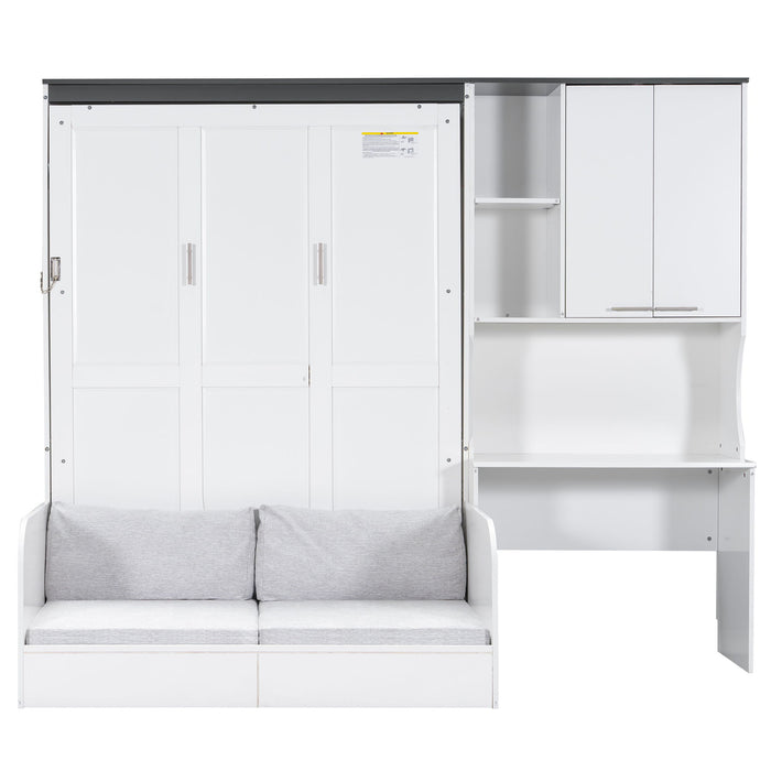 Multi Functional Murphy Bed With Sofa, Desk, And Storage Cabinet In, Full Size - White