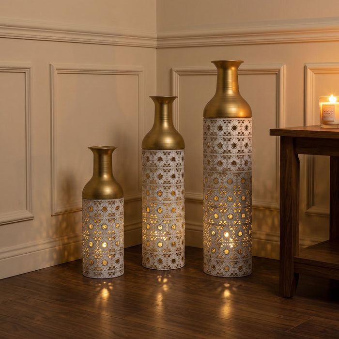 Handcrafted Cutout Hollow Tall Standing Floor Vase, Home Decor (Set of 3) - White / Gold