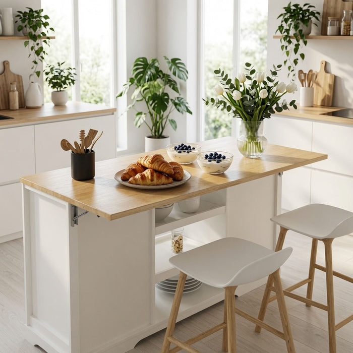 Drop Leaf Kitchen Island With Storage, Power Outlet & Pet Bowl Drawer - White / Light Oak