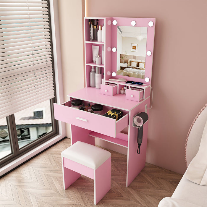 Vanity Table With Mirror, Adjustable LED Lights, Power Outlet, Hairdryer Holder & Stool