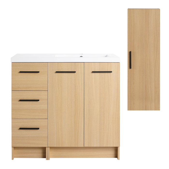 Freestanding Bathroom Vanity Set With Tall Linen Cabinet, 3 Drawers And Large Storage, Single Sink