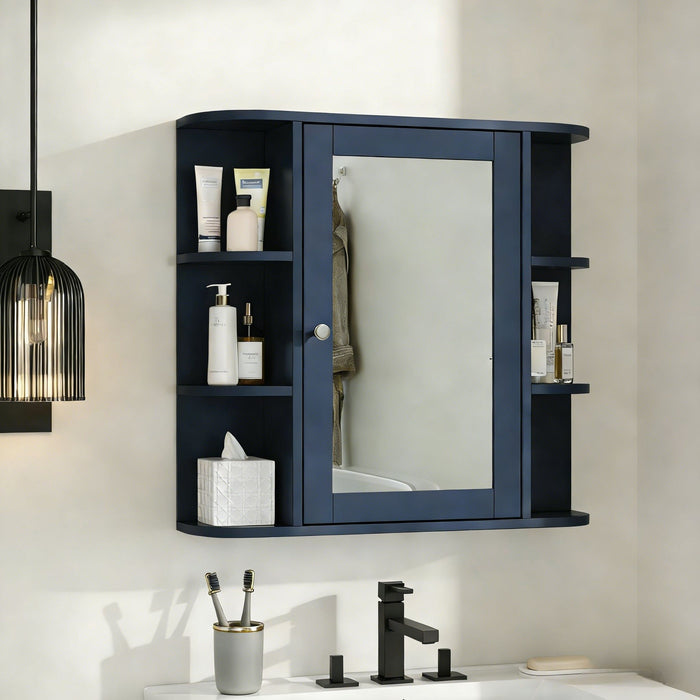 Bathroom Wall Storage Cabinet With Mirror And Adjustable Shelf, 6 Open Shelves