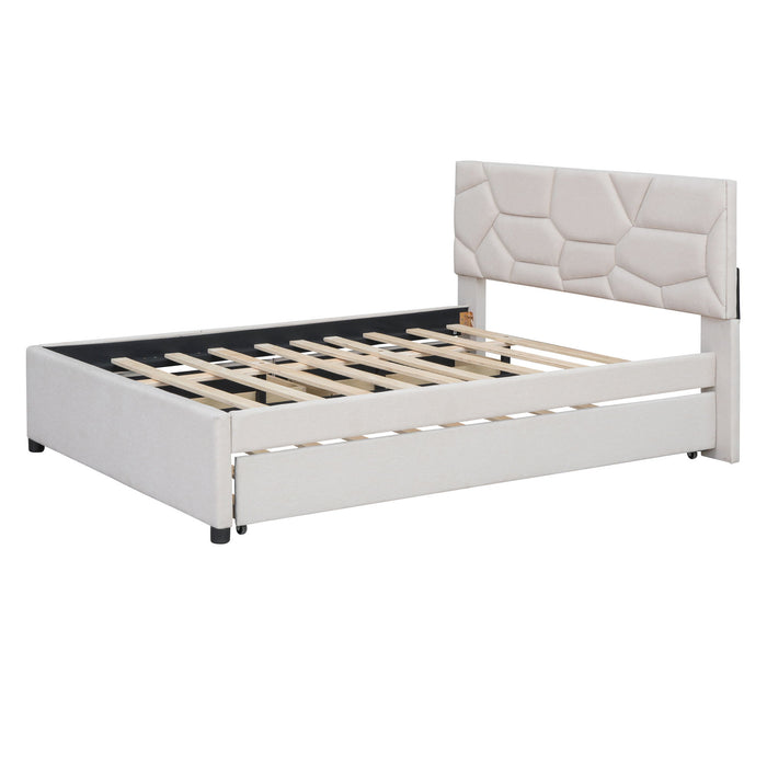 Upholstered Platform Bed With Brick Pattern Headboard And Twin Long Size Trundle