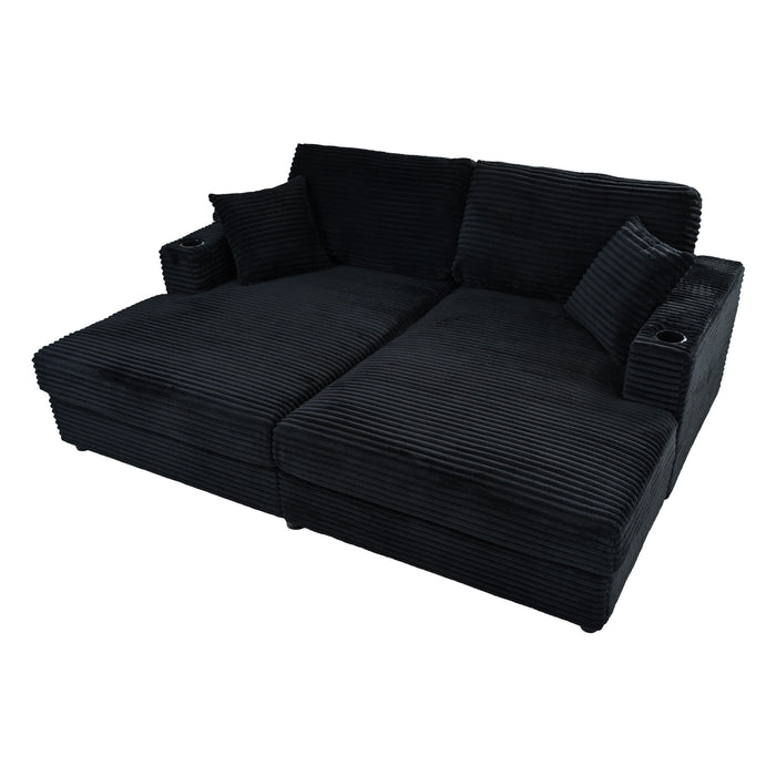 Oversized Loveseat Chaise With 2 USB Ports, 2 Cup Holders And 2 Throw Pillows