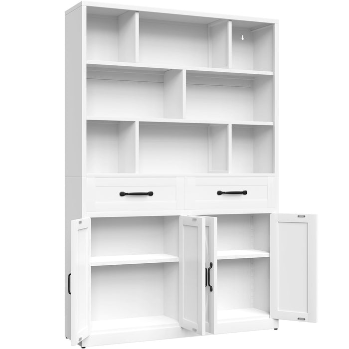 Bookcase Tall With 2 Doors & 2 Drawers, Fixed Open Shelves - White