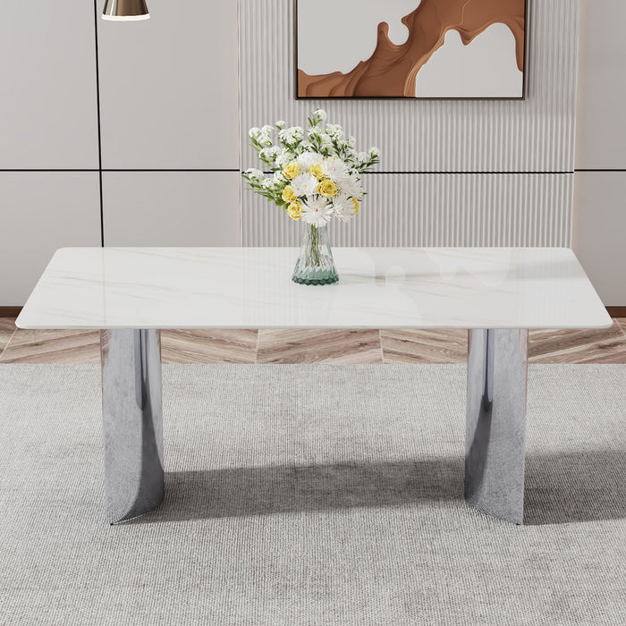 Modern Minimalist Dining Table With Imitation Marble Glass Surface And Metal Legs - White