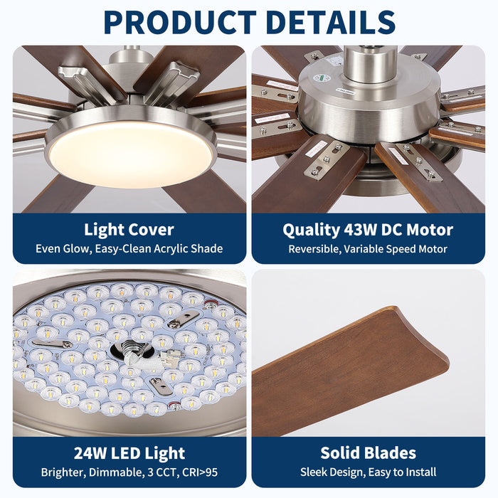 Large Ceiling Fan With Dimmable LED Light 8 Blades Remote Control, Reversible DC Motor