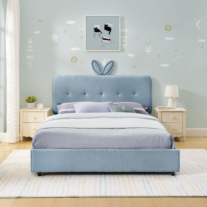 Upholstered Bed With Oversized Rabbit Ear Headboard, LED Lights & 4 Storage Drawers