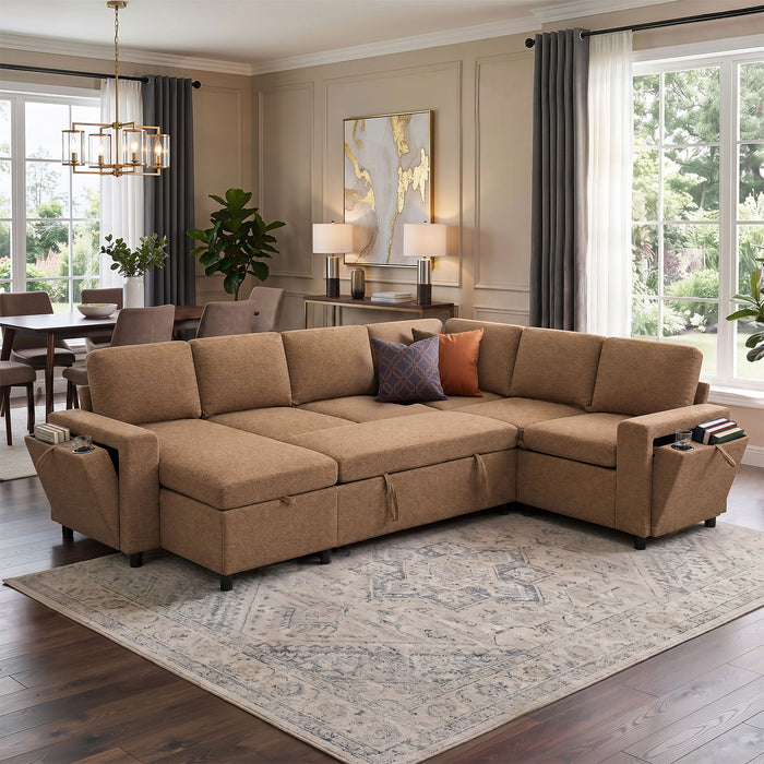 U - Shaped Convertible Sectional Sofa Bed With Storage, USB Charger & Cup Holders