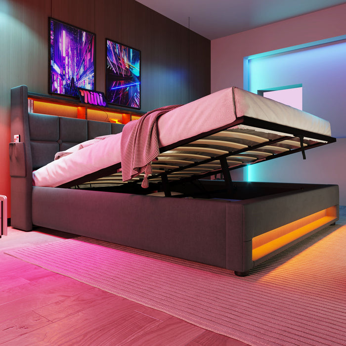 Queen Size Upholstered Platform Bed With A Hydraulic Storage System, LED And USB Charging (Without Mattress) - Gray