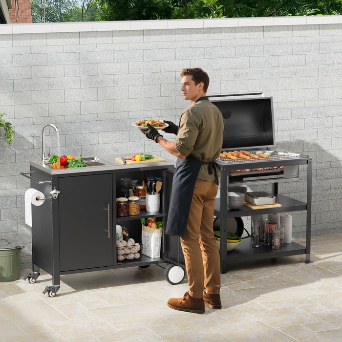 Outdoor Grill Cart With 304 Stainless Steel Sink And Cabinet - Black / Silver