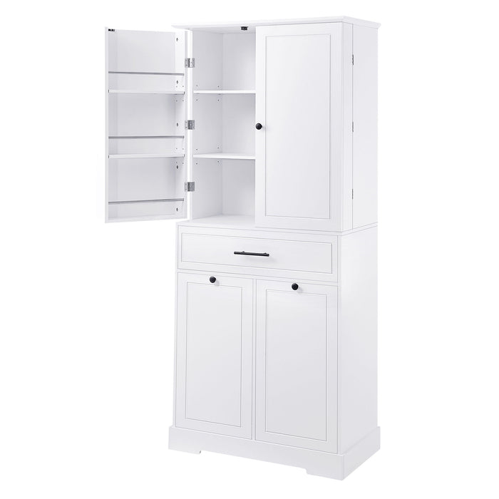 Freestanding Bathroom Storage Cabinet With Doors, Drawers, And Tilt Out Laundry Hamper - White