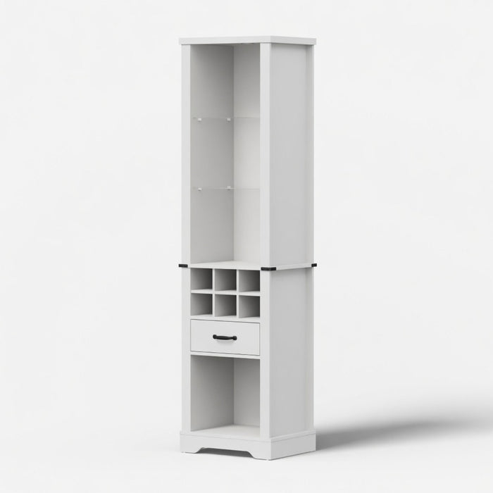 Pantry Cabinet With LED Lights, Wine Rack, Tempered Glass Shelves, And Barn Door Design - White