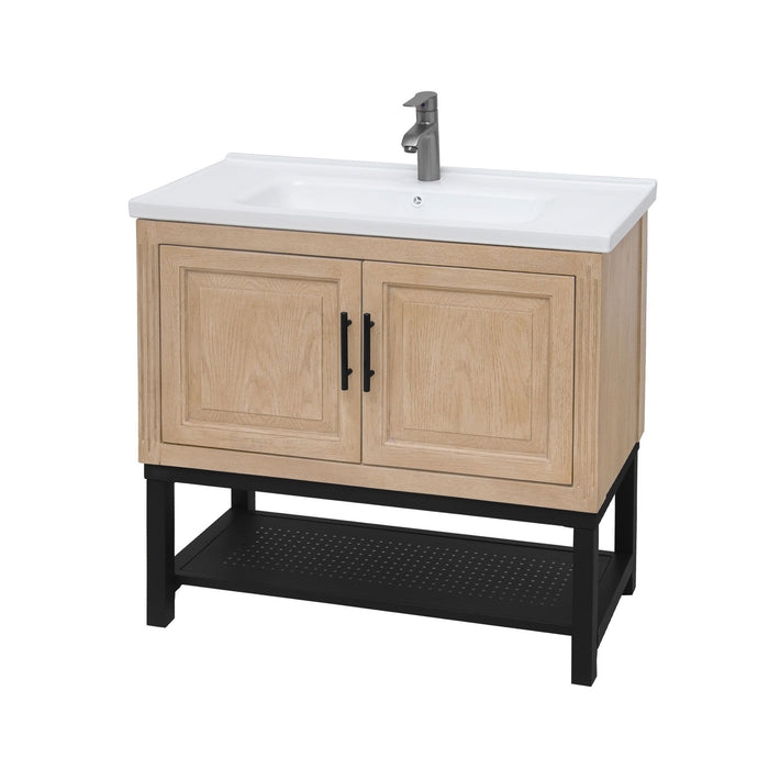 Modern Freestanding Bathroom Vanity With Ceramic Sink, Hot And Cold Faucet, Storage Cabinet & Open Shelf