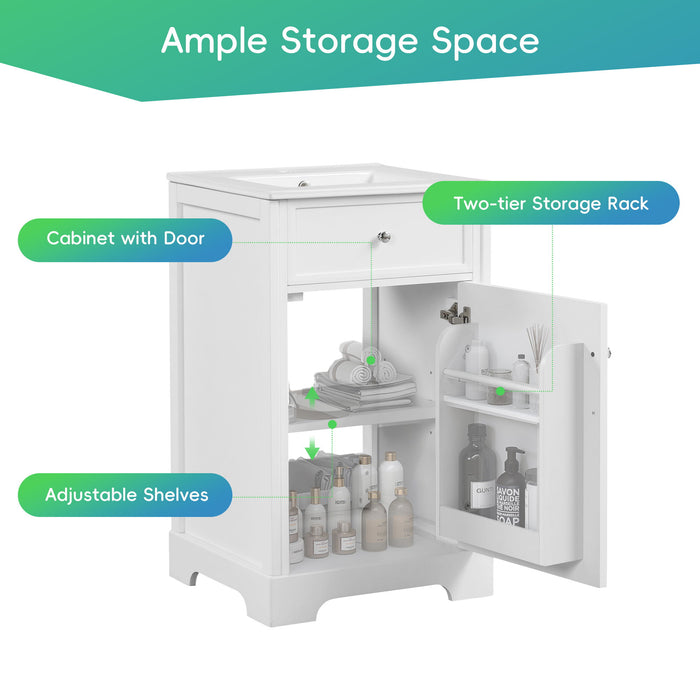 20" Bathroom Vanity With Sink, Soft Closing Cabinet Door, Adjustable Shelf & Storage Rack - White