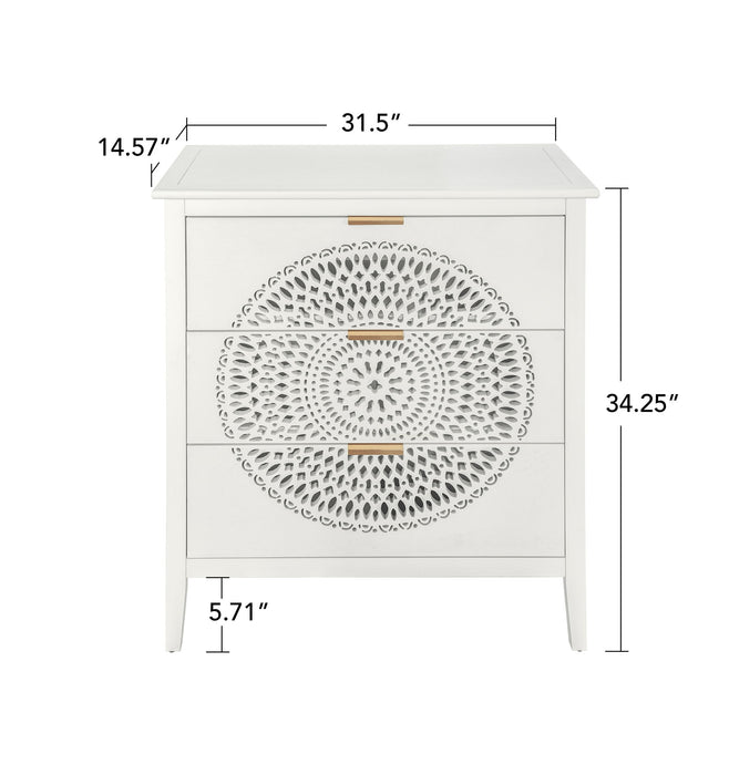 3 Drawer Cabinet With Hollow Carved 3 Drawer Dresser Storage Chest With Metal Handles For Entryway Living Room Bedroom - Beige