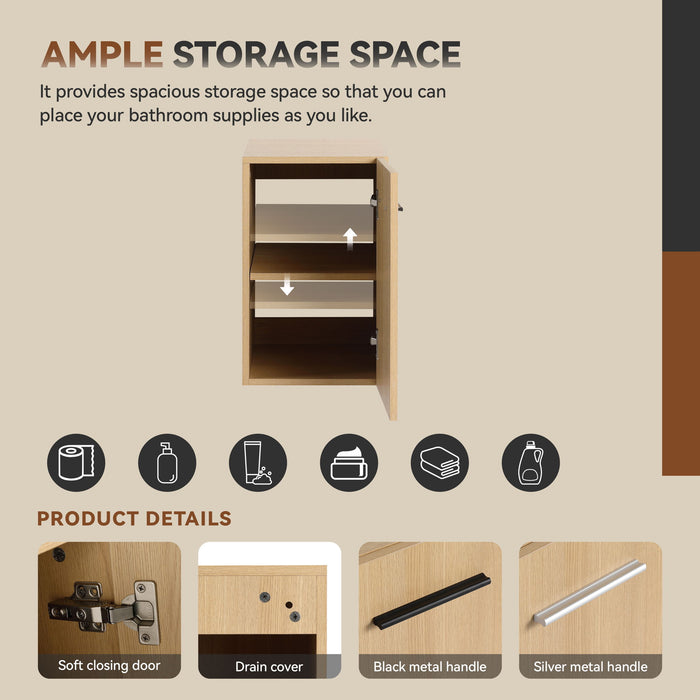 Floating Bathroom Vanity Single Door Base Cabinet, Wall Mounted Storage - Light Oak