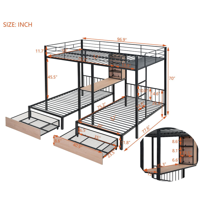 Triple Bunk Bed With Drawers, Multi-Functional Frame With Desks And Shelves In The Middle