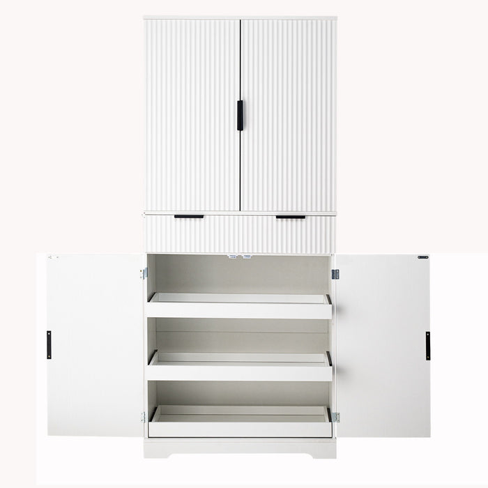 Fluted Kitchen Pantry Cabinet With 3 Keyboard Drawers & 6 Adjustable Door Shelves