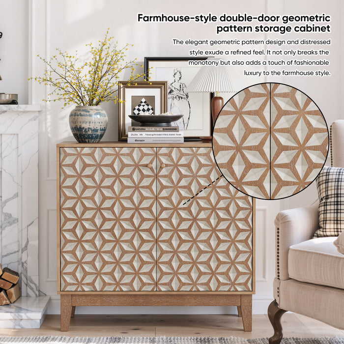 Geometric Design Sideboard With 2 Doors And Adjustable Shelves - Tangerine / Walnut