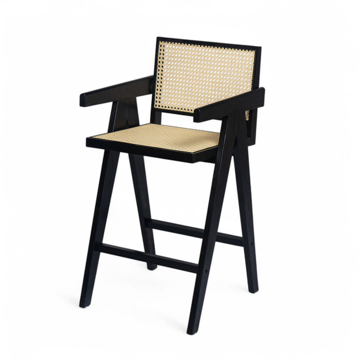 Modern Minimalist Bar Stool With Cane Seat - Black / Natural