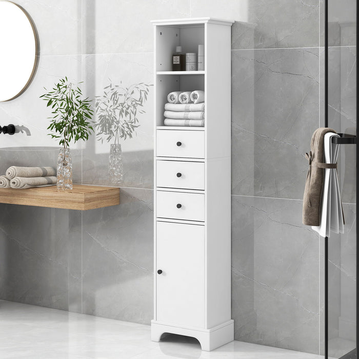 Tall Storage Cabinet With 3 Drawers And Adjustable Shelves For Bathroom