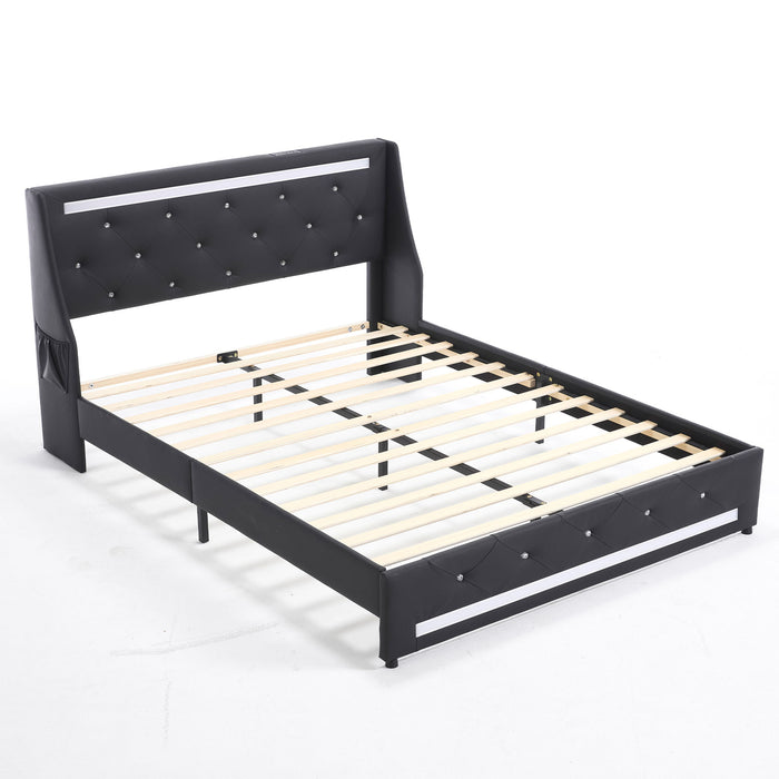 Wingback Upholstered Bed Frame With LED Lights, Charging Station