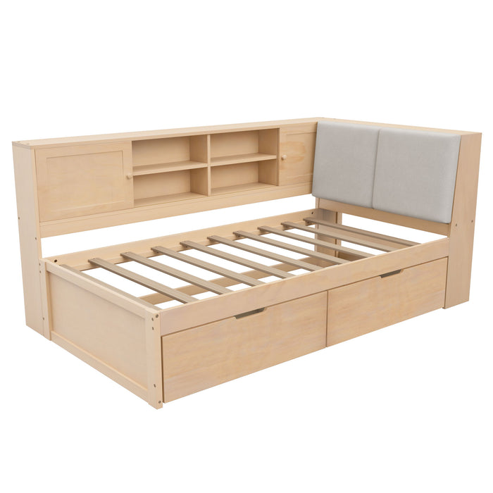 Twin L - Shaped Daybed With Storage Bookcase, Upholstered Headboard, USB Charging Ports & Hidden Drawers - Natural