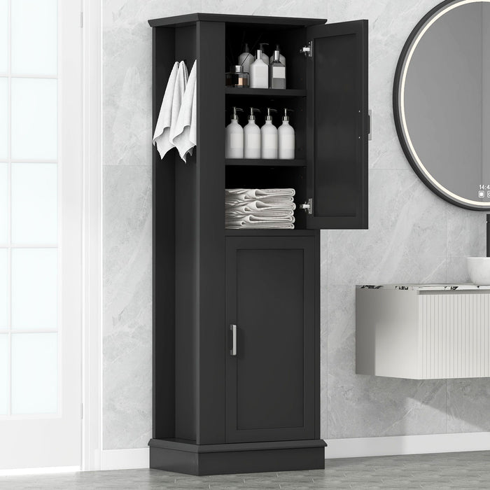 Tall Freestanding Bathroom Storage Cabinet With Adjustable Shelves And Side Hooks