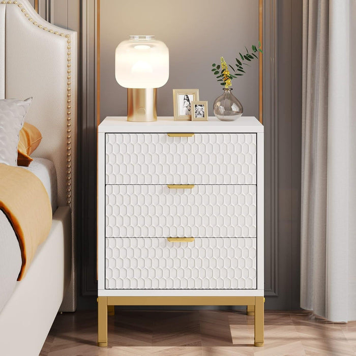 3 Drawer Nightstand With Hexagon Pattern, Storage Table For Living - White