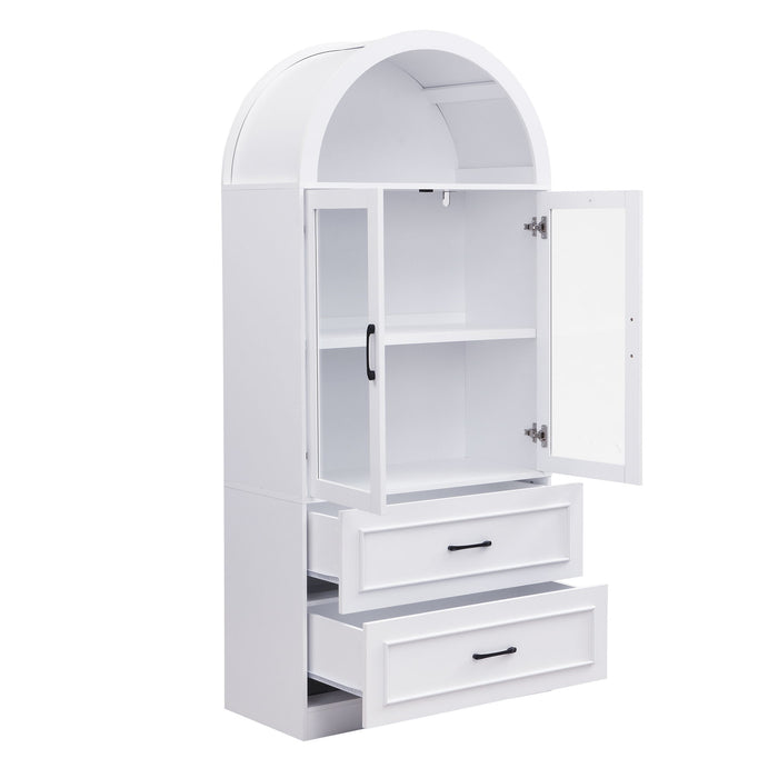 Arched Top Storage Cabinet With Fixed 2 Tier Shelves, 2 Large Drawers