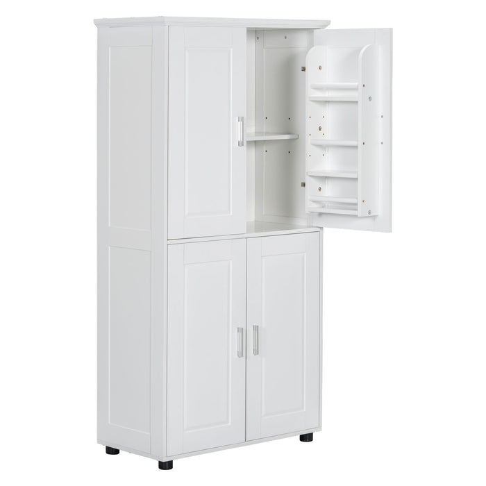 Tall And Wide Bathroom Floor Storage Cabinet With 4 Doors, Adjustable Shelves - White