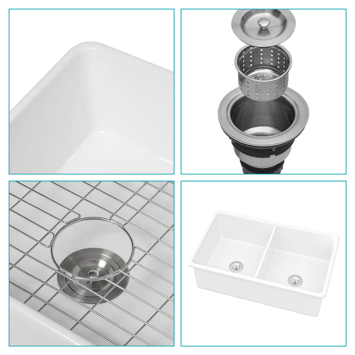 Elegant Dual Mount 32" Undermount Double Bowl Ceramic Kitchen Sink - White