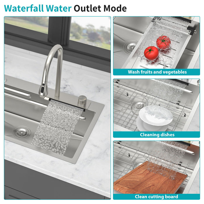 33" Stainless Steel Single Bowl Kitchen Sink With Waterfall Flow