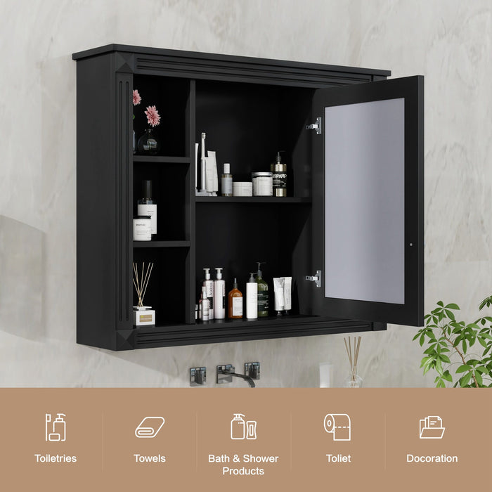 Wall-Mounted Bathroom Storage Cabinet With Mirror, 6 Open Shelves - Black
