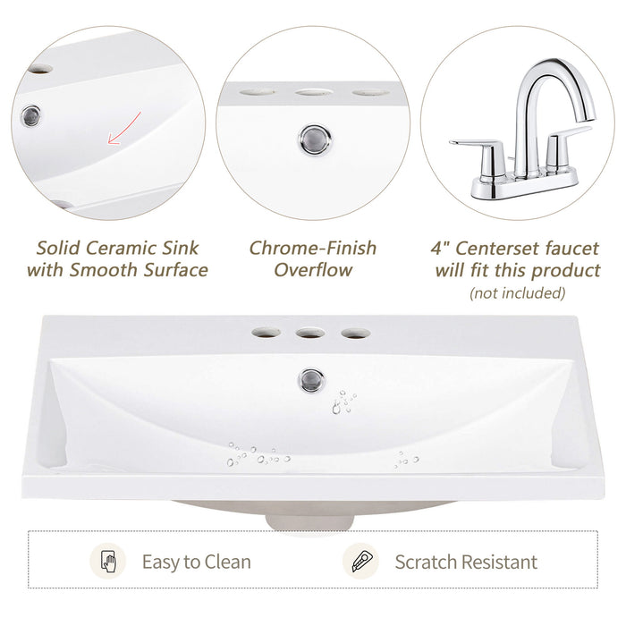 Bathroom Vanity Top, Rectangular Undermount Sink With 3 Faucet Holes, 4" Centerset Compatible - White