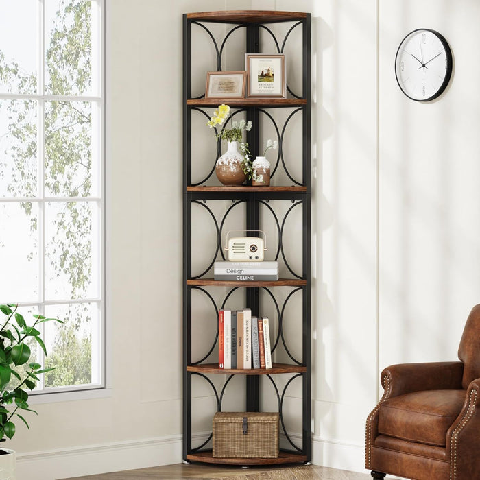 Tall 6 Tier Corner Bookshelf Storage Rack For Living Room - Rustic Brown