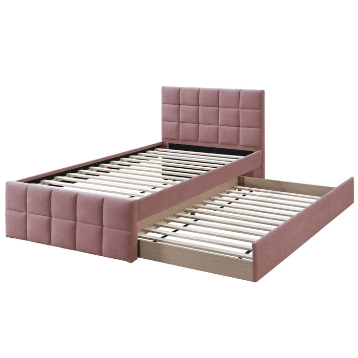 Contemporary Style Bed With Trundle Upholstered Headboard And Footboard Grid Pattern