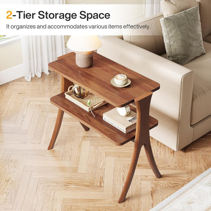 Narrow 2 Tier Side Slim Accent Table For Living Bedroom Or Entryway, Space Saving Furniture With Storage Shelf - Walnut