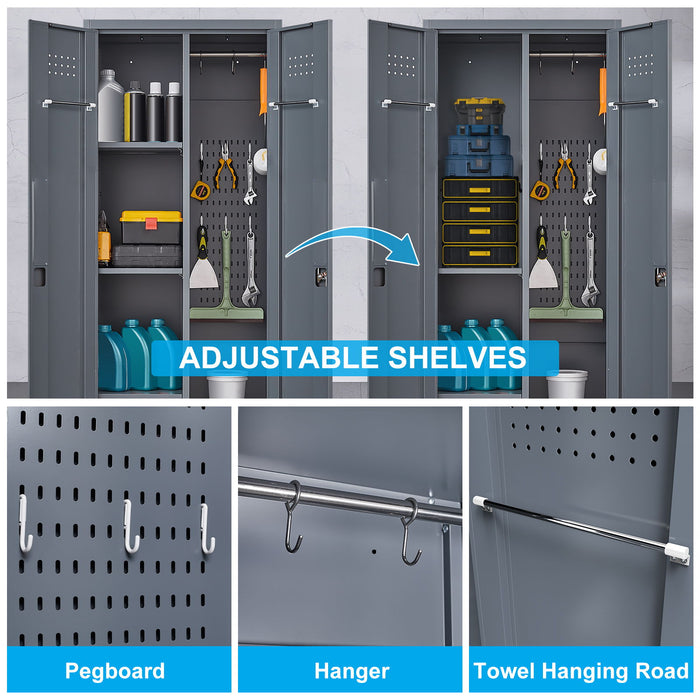 Heavy Duty Storage Cabinet With Locking Doors, Hanging Rod & Shelves, Broom Closet - Gray
