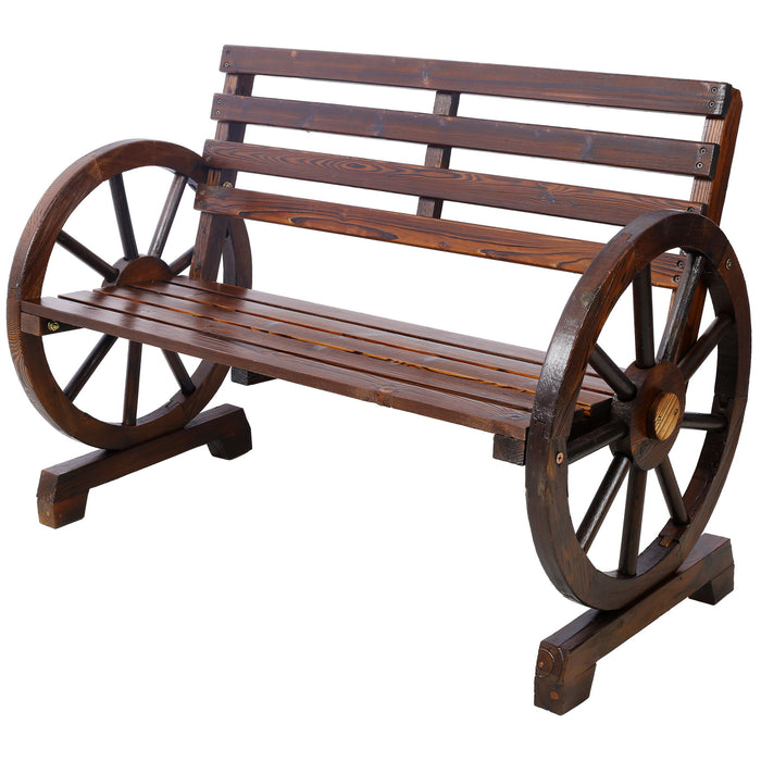 Rustic Country 2 Person Wooden Wagon Wheel Bench With Slatted Seat And Backrest - Brown