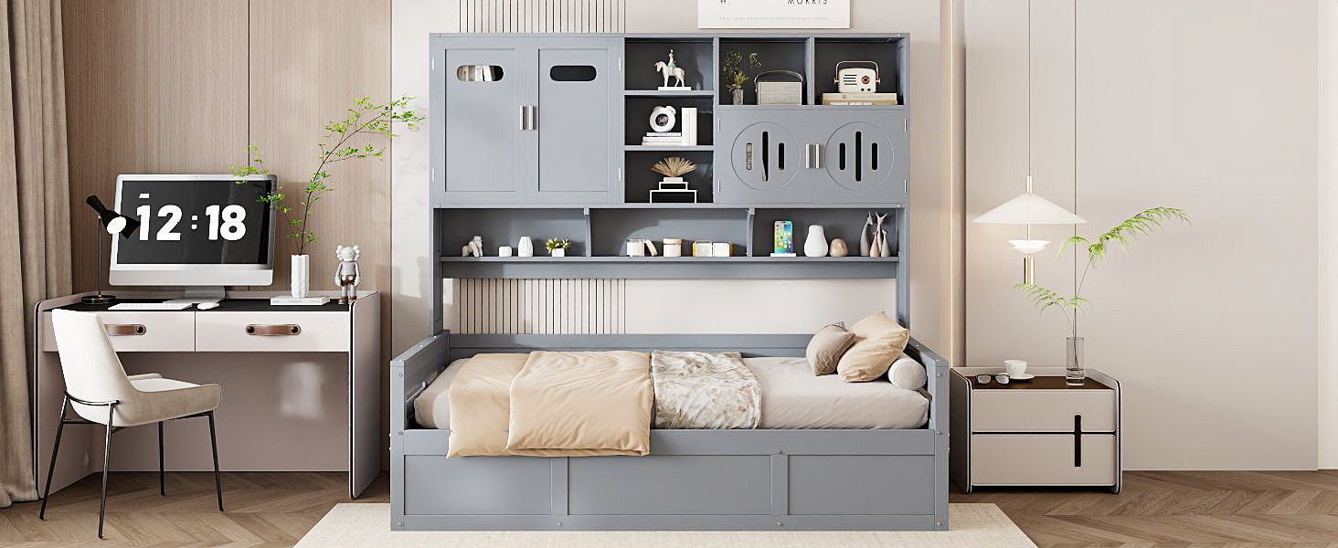 Daybed With All-In-One Cabinet And Shelf