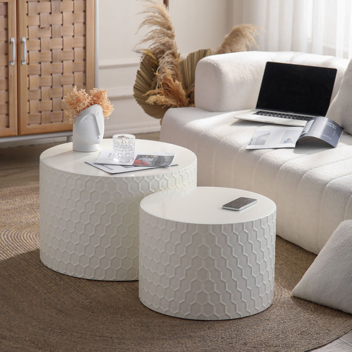 Minimalist Honeycomb Nesting Coffee Table Set, Round Drum Circle Table (Set of 2) - Beige