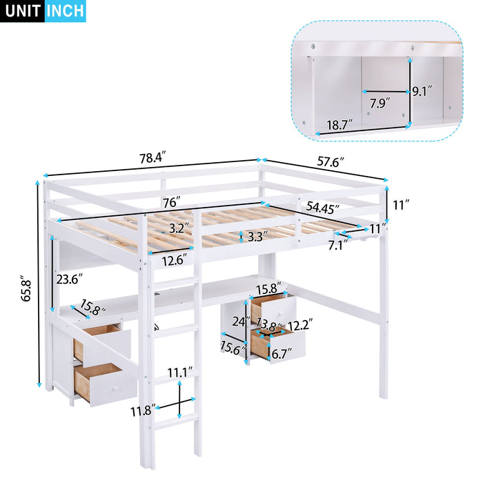 Full Size Loft Bed With Desk, Cabinets, Drawers, Charging Station And Bedside Tray, Sturdy Frame, No Box Spring Required - White