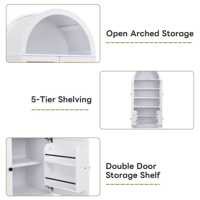 Tall Arched Top Storage Cabinet With 5 Tier Shelves, Soft Close Hinges