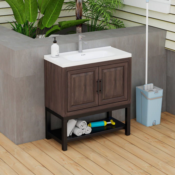 Modern Freestanding Bathroom Vanity With Ceramic Sink, Hot And Cold Faucet, Storage Cabinet & Open Shelf