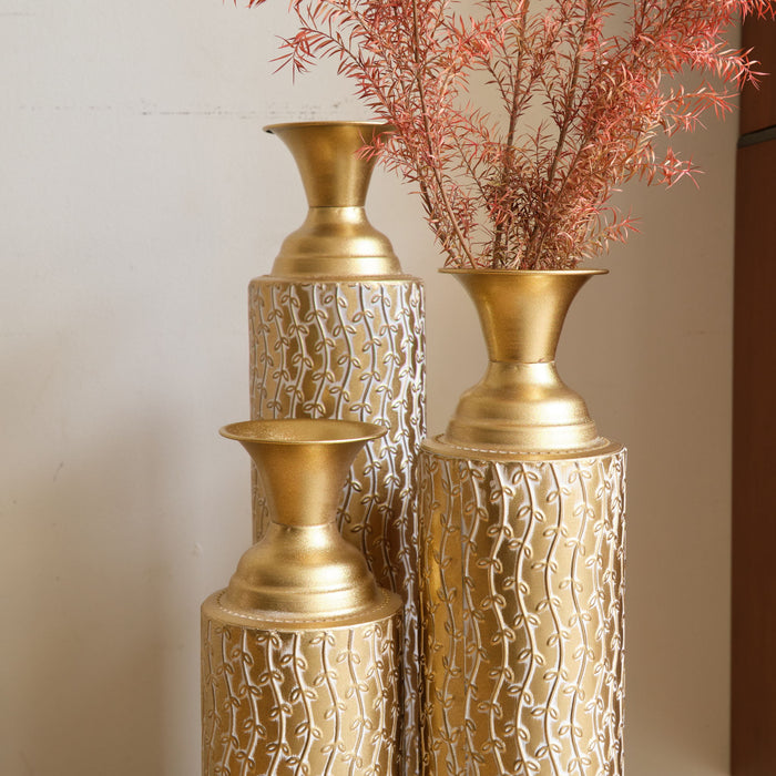 Metal Decorative Vases High Distress Metal Center Vases With Growing Vine Patterns, (Set of 3) Vases For Home Decoration - Gold